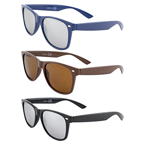 AlterImage Jive Sports Retro Sunglasses for Men or Women 3 Pair Blue & Black Frames w/Flash Mirror Lenses & Brown Frame w/Brown Lenses