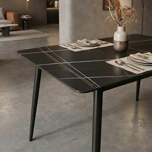 Image of Italiana 15mm Ultra-Slim Sintered Stone Dining Table - 140cm x 80cm Black Faux Marble Executive Table | Mohs 6+ Hardness Scratch-Resistant | Metal Frame | Suitable for 4-6 Seater