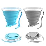 Elezenioc Faltbare Tasse Silikon, 2 Stück BPA-frei Zusammenklappbare Reisebecher, Faltbare Silikon-Becher mit Kunststoff-Dichtungsdeckel, Tragbares Tassen-Set für Picknick, Camping, Outdoor-Wandern