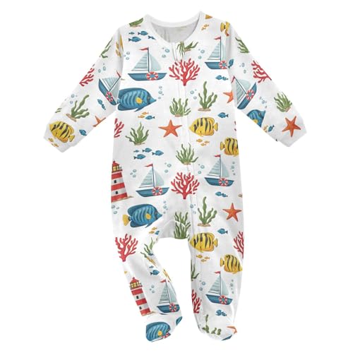 Emelivor Underwater Fish Coral White Baby Newborn Pajamas Outfits Long Sleeve Footed Pjs for Boys Girls Kids