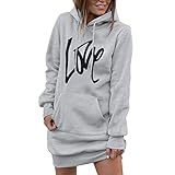 Rib Knit Cuff: manga larga, con capucha, diseño de cordón, con bolsillo grande, vestido de sudadera estampado por encima de la rodilla, se ve elegante y a la moda.