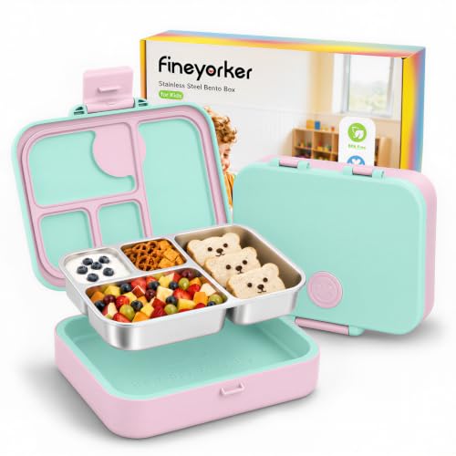 Kids Stainless Steel Bento Lunch Box, 4 Compartments | Leak-Resistant 4 Cups Lunch Container for Ages 4+ with Easy-Open Latch, Removable Seal & Meal Feedback Icon