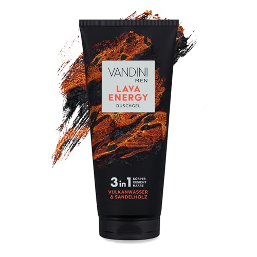 VANDINI Men Lava Energy Gel douche 3 en 1 pour homme 200 ml avec eau volcanique et bois de santal – Gel douche 3 en 1 pour homme pour tous les types de peau – Végétalien, sans parabène ni silicone
