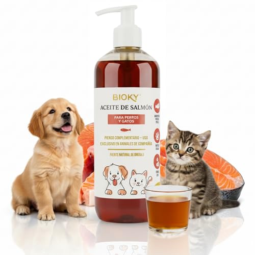 Bioky Aceite de Salmón Premium para Perros y Gatos 1L – Omega 3 EPA y DHA – Origen Escocia – Complemento Alimenticio con Ácidos Grasos y Vitamina E