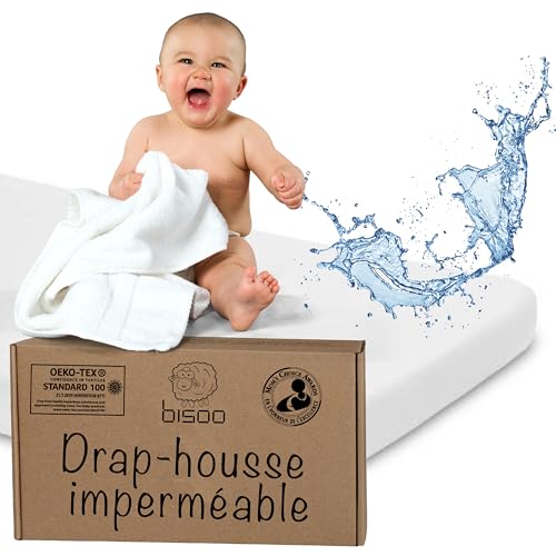 Bisoo Drap Housse 80x130 Impermeable - Alese 80 x 130-2en1 Drap Housse tege Matelas Reglable Impermeable pour Lit Evolutif Enfant - 100% Jersey Oeko-Tex - 1...