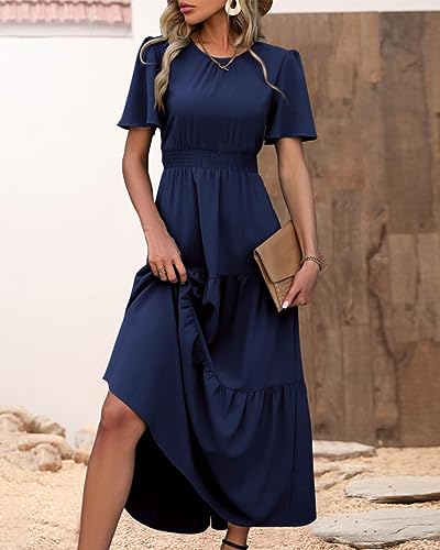 Image of PRETTYGARDEN Women's Casual Smocked Boho Floral A-Line Maxi Dress 2026 | Summer Short Flutter Sleeve Crewneck Tiered Long Sundress,Fall Wedding Guest Dresses,Spring Cute Flowy Beach Vacation Clothes