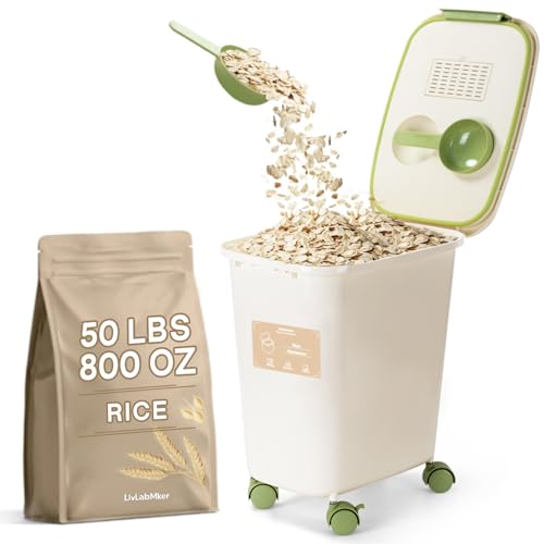 LivLab Mker Rice Dispenser - 40-50Lbs Airtight food storage container with lids,cereal flour storage Container,With Measuring spoon and wheels, large flour bin rice organizer bucket