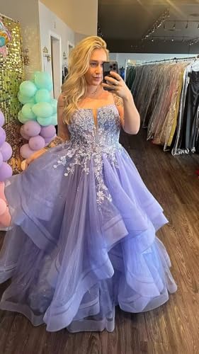 Tiered Tulle Prom Dresses Strapless for Women Lace Appliques Formal Dress Spaghetti Straps LW0852