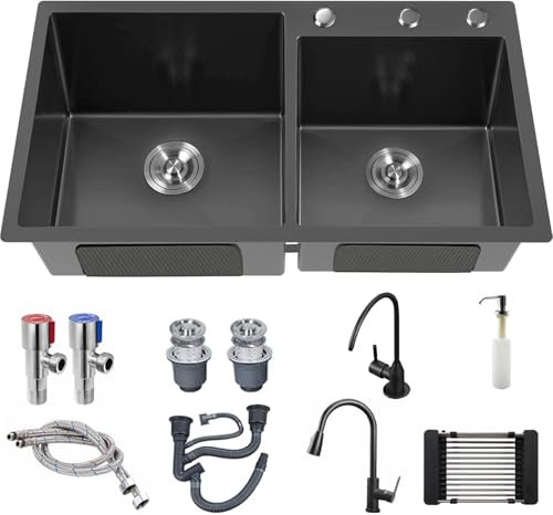 Lavello Cucina 2 vasche Lavello da cucina nero Lavandino cucina 2 vasche con gocciolatoio Lavello multifunzione in acciaio inox Con rubinetto, set completo di accessori (Black, 82 * 45cm)