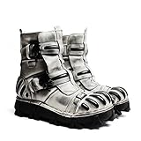 HFUHLK Vintage Skull Leather Mid-Top Boots, Fashion Outdoor Military Ankle Lace-Up Hiking Shoes,Gray Leather,10