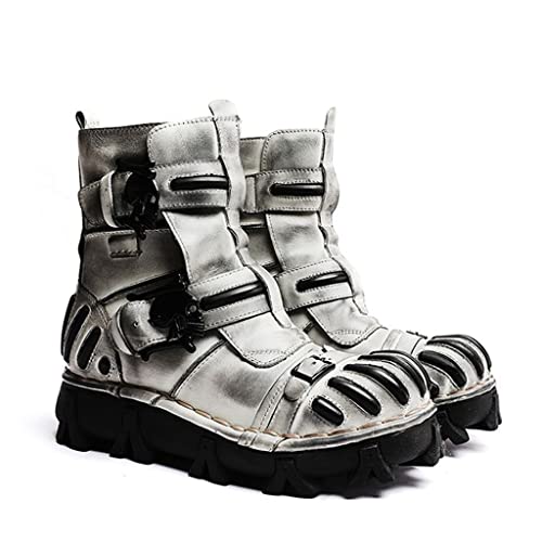 HFUHLK Vintage Skull Leather Mid-Top Boots, Fashion Outdoor Military Ankle Lace-Up Hiking Shoes,Gray Leather,10