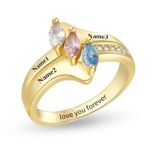 10K 14K 18K Solid Gold Mothers Ring Personalized 2-6 Birthstones Engraved Names Rings Mother Jewelry for Mom Wife Grandma Family