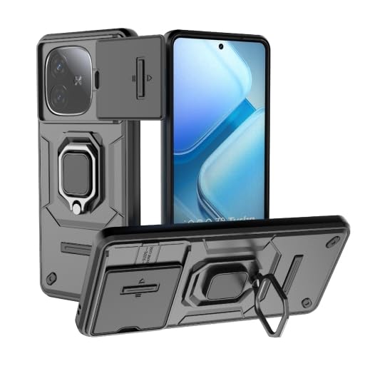 Image of Polycarbonate Back Cover For Sliding Lens Cover And Rotating Holder Anti-Fall Case With Magnetic Car Holder Back Cover For iQOO Neo 10R -Black