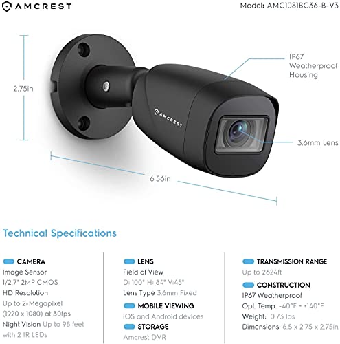 Amcrest Full Hd 1080P 1920Tvl Bullet Outdoor Security Camera (Quadbrid 4In1 Hd-Cvi/Tvi/Ahd/Analog), 2Mp 1920X1080, 98Ft Night Vision, Metal Housing, 3.6Mm Lens 90° Viewing Angle, Black (Amc1081Bc36-B) #TOP2