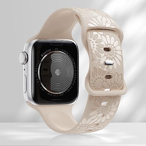 Image of Sunflower Engraved Band Compatible with Apple Watch Bands 38mm 40mm 41mm 42mm 44mm 45mm 49mm Women, Designer Soft Glossy Floral Silicone Strap for iWatch Series Ultra 11 10 9 8 7 6 SE 5 4 3 2 1