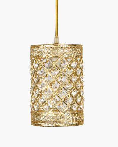 Image of Homesake Moroccan Crystal Hanging Pendant Light, Vintage Metal Jali Ceiling Lamp, Bulb Included for Living Room, Bedroom & Balcony, Warm Ceiling Light, Gold Round