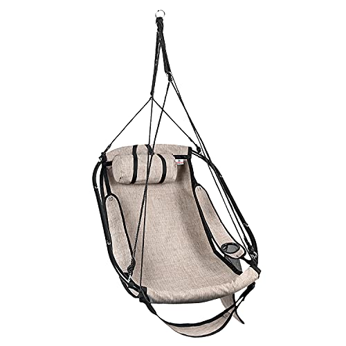 Bathonly Hängesessel mit Fußstütze, Sky Chair mit Metallstange, Hängeschaukel, Hängestuhl Outdoor Mit Seitentasche, Getränkehalter, Stützkissen, bis 150 Kg Belastbar, Beige