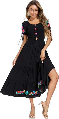 Image of Women's Summer Maxi Dress Casual Floral Embroidered Round Neck Short Sleeve Ruffle Tiered Dress Flowy Boho Beach Sundress