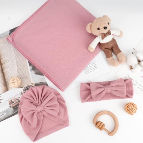 Image of DRESHOW BQUBO Baby Swaddle Blankets for Girls, 4PCS Newborn Accessories Set with Hat and Bow Headband with Hello World Wooden Birth Announcement Card, Baby Blankets for Girls