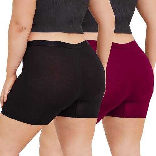 INNERSY Damen Boxershorts Unterwäsche Übergröße Unterhosen mit Bein Mikrofaser Pantys 2er Pack (48-50, Schwarz/Burgunderrot)