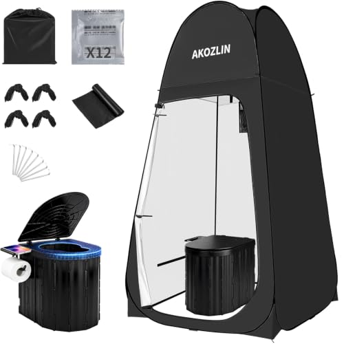 AKOZLIN Portable Camping Toilet con Tienda de Privacidad Plegable y Gel para Desechos Líquidos, Baño al Aire Libre para Adultos con Tienda para Ducha, Vestidor y Bolsa de Transporte para Camping, Senderismo y Viajes