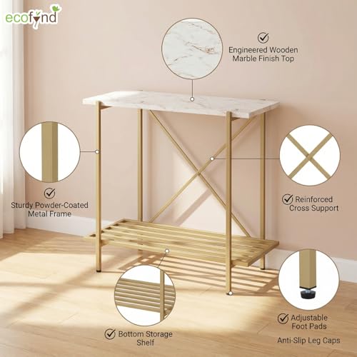 Image of ecofynd 26 Inch 2 Tier Console Table, Metal with Engineered Wooden top for Long Narrow Hallway, Entryway, Living Room, Dining Room, Office, Home Side Table Storage Shelves (WHTGO, CT005)