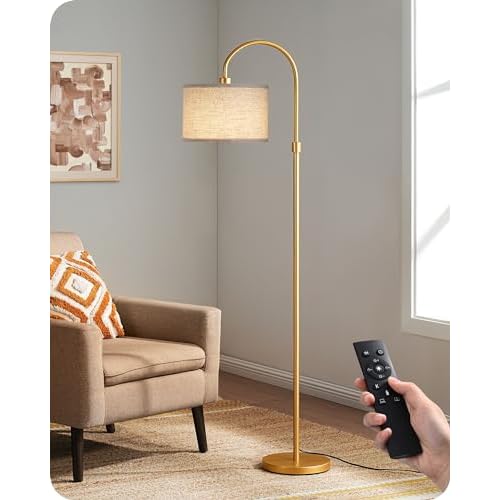 EDISHINE Modern Arc Floor Lamp with Beige Linen Drum Shade & Heavy Base, Dimmable Black Reading Light, Remote Control Bulb Included, Tall Standing Lamp for Reading, Office, Lighting Classic-