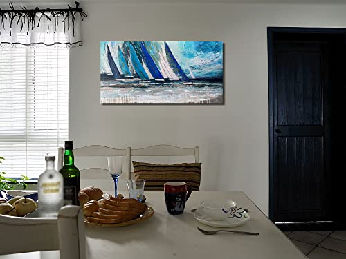 Arjun Blue Abstract Wall Art Canvas Teal Summer Ocean Sailboat Picture Modern Turquoise Coastal Painting, Large 40"X20" Framed Textured Artwork For Living Room Bedroom Bathroom Home Office Wall Decor #TOP3