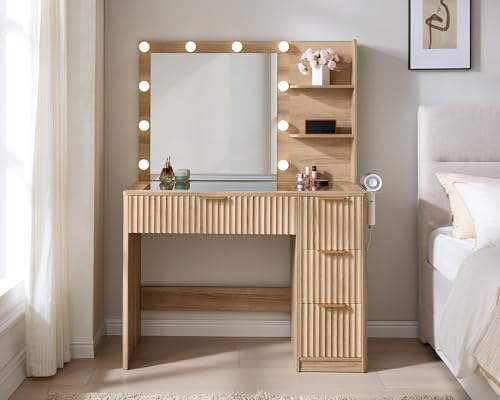 Image of AMERLIFE 36.2 inch Fluted Vanity Desk with Mirror and Adjustable LED Lights, Large 4 Drawers Makeup Table with Glass Top and Charging Station for Women and Girls, Bedroom or Dorm, Natural Oak