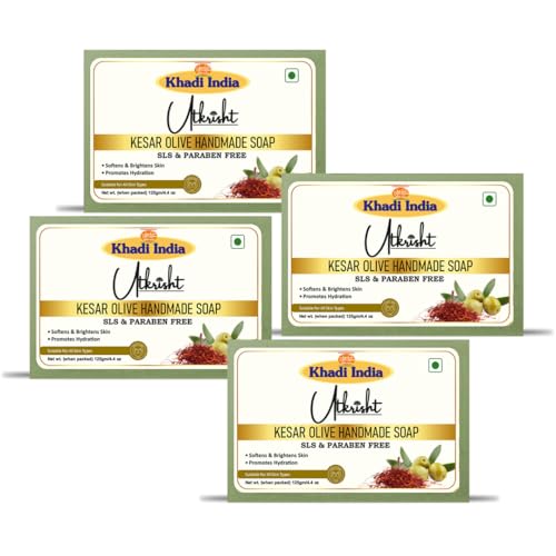 Image of Khadi Kesar Olive Handmade Bathing Soap Bar 125g (Pack of 4) | Natural & Herbal | Hydrating, Glowing & Brightening Skin | For Even Skin Tone | All Skin Types | For Men & Women