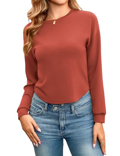 Totatuit Women Fashion Long Sleeve Crop Tops Loose Crewneck Crop Sweatshirts Drop Shoulder Casual Fall Tee Shirts Brick Red X-Large