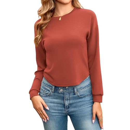 Totatuit Women Cute Long Sleeve Crop Tops Casual Crewneck Cropped Sweatshirts Boxy Fall Tshirts Atheltic Workout Tee Brick Red Large