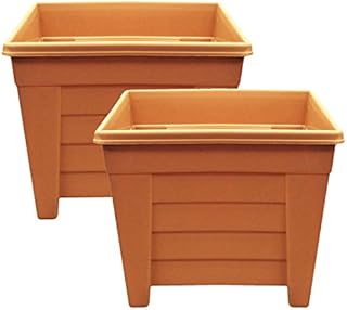 Muddy Hands Large Square Plant Pot Indoor Home Outdoor Garden Plastic Planter Flower Herb Tree (Pack of 2-33cm Wide, Terracotta)