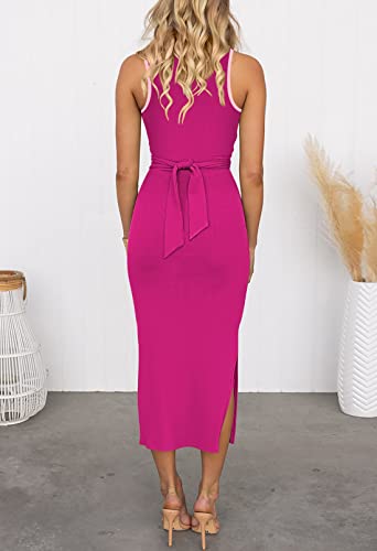 Image of Duigluw Twist Cutout Bodycon Dresses Women Summer Knit Sleeveless Crewneck Tie Back Midi Dress Rouge Rose S