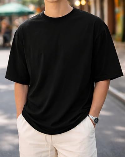 Image of BARKEYO Men's Half Sleeve Round Neck French Terry Oversized Drop Shoulder T-Shirt for Men