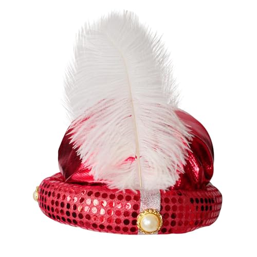 Paillettes abbaglianti: questo cappello da sultano alàddin è l'accessorio perfetto per il tuo costume. È decorato con gemme lucide, piume e accessori di perle che gli conferiscono un aspetto lussuoso.