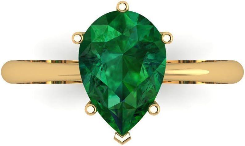 Clara Pucci 14K Solid Yellow Gold 2 ctw Emerald Solitaire Ring for Women | Anniversary, Birthday Gift | 10x7mm Pear Cut