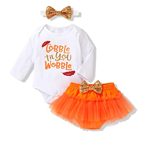 Thanksgiving Outfits Set Baby Girls Gobble 'Til You Wobble Long Sleeve Romper And Pleated Tutu Skirts (Gobble 'Til You Wobble, 0-3 Months) #TOP24