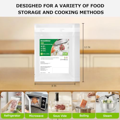 Image of Bonsenkitchen Precut Vacuum Bags 120 Quart 8 inch x 12 inch | BPA Free, Textured Food Sealer Bag, Thick Embossed, Sous Vide Cooking Bags for Storage