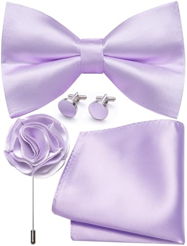 Image of Solid Color Bow Ties for Men Silk Pre-tied Tuxedo Bowtie Set 4PCS | Pre-tied in 3 seconds,adjustable 4PCS bow tie and pocket square cufflinks lapel pin set,wedding,formal,party,prom,graduation