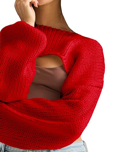 Image of Womens Bolero Crochet Crop Shrug Shoulder Knit Cropped Sweater | Y2K Crochet Crop Top, Half Sweater, Cozy Chest Over the Shoulder Top Cardigan, Cut Off Super Crop, Ballet Lace Sweater