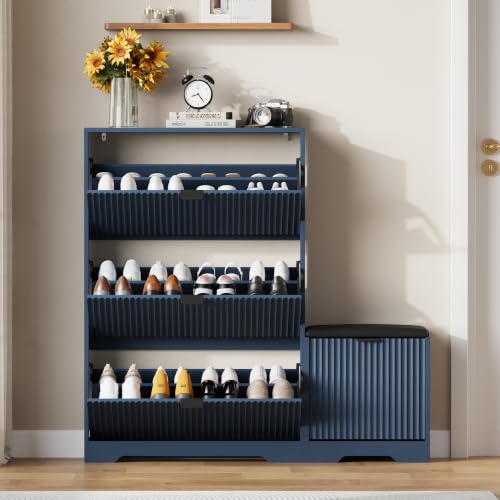 Image of HUANLEGO Shoe Cabinet Storage for Entryway with Flip Drawer & Bench, Blue