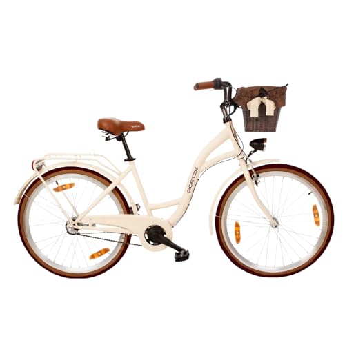 Goetze Style 26 Zoll Citybike, 17 Zoll Tiefeinsteiger Rahmen, 3-Gang Nabenschaltung, Rücktrittbremse, V-Bremse vorne, LED-Beleuchtung, Rattankorb, Komfortsattel, mit Seitenständer & Klingel