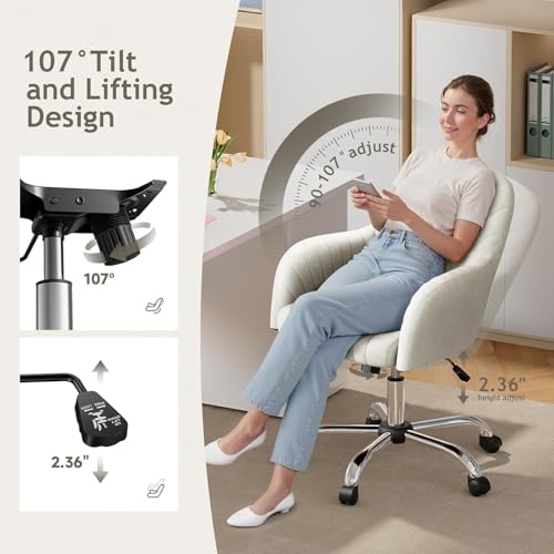 Image of Velvet Desk Chair for Home Office, Adjustable Swivel Task Chair Modern Computer Vanity Chairs with Arm Rest for Bedroom Living Room Make-up Room (Beige)