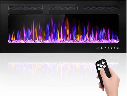 BETELNUT 40' Electric Fireplace Wall Mounted and Recessed with Remote Control, 750/1500W Ultra-Thin Wall Fireplace Heater W/Timer Adjustable Flame Color and Brightness, Log Set & Crystal Options