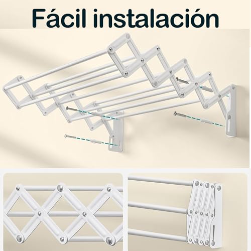 Miniatura 4 de Various Tendedero Plegable De Secado De Ropa Para Colgar En La Pared,Tendedero Extensible De Pared 60 Cm De Intetiot O Exterior De Acero Blanco,Tendedro Con 9 Barras Ahorra Espacio
