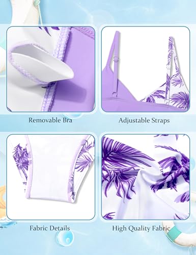 Image of BAVADER Girls Swimsuits Size 14-16, Bathing Suits for Teens Tropical Floral Twist Cross Swimsuits for Teen Girls, Purple Palm