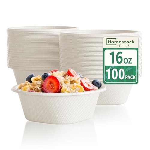 Homestockplus 16 Oz Small Paper Bowls Disposable Bowl - Sugarcane Fiber, Microwave & Freezer Safe, BPA-Free Eco-Friendly Compostable Bowls for Ice Cream, Kids Snacks, Cafe Desserts[100 Pack] (White)