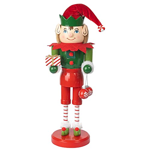 FUNPENY 14\" Elf Christmas Decorative Nutcracker Figures, Wooden Elf Hold Gift Box and Snow Ball, Festive Collectible Nutcracker Ornament Gift for Indoor Winter Table Desktop Fireplace Decorations