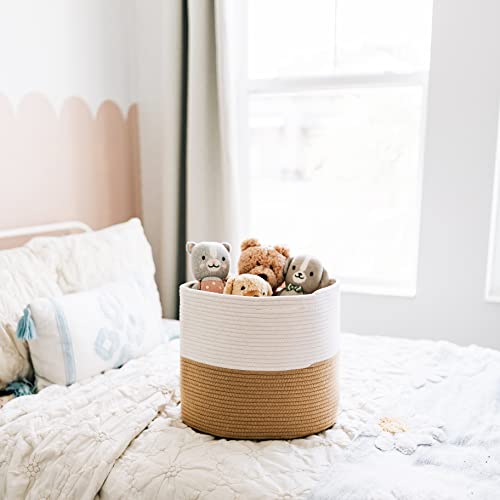 Organihaus Large Woven Basket For Storage 16X14 | Kids Storage Basket For Organizing | Round Blanket Basket For Living Room | Cotton Rope Laundry Baskets | Honey & White Toy Basket For Baby #TOP2